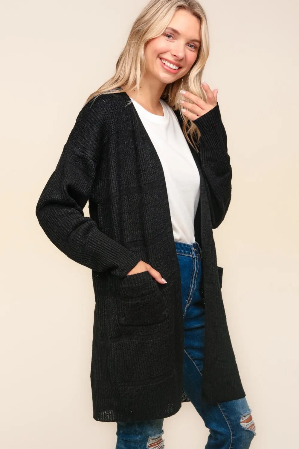 Haptics Stripe Textured Open Front Cardigan with Pockets - Bela Fils BoutiqueBela Fils Boutique